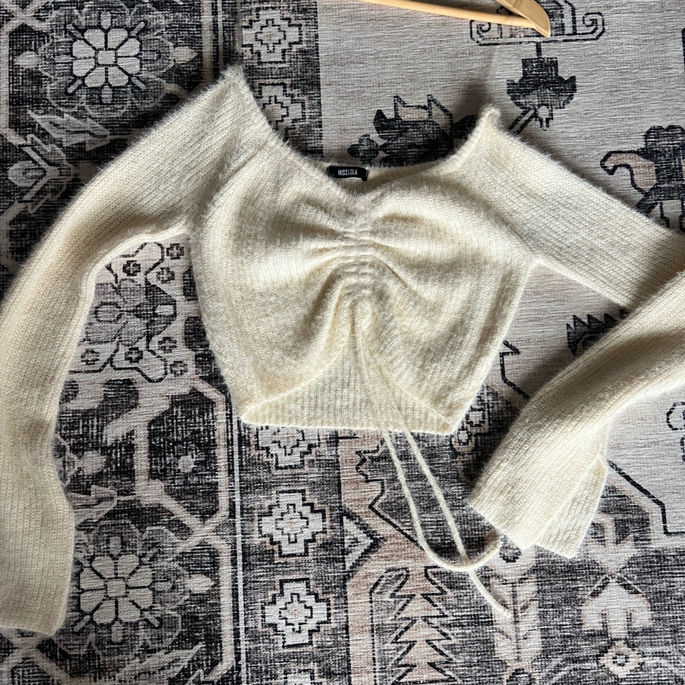Miss Lola Ivory Knit Ruched Crop Top